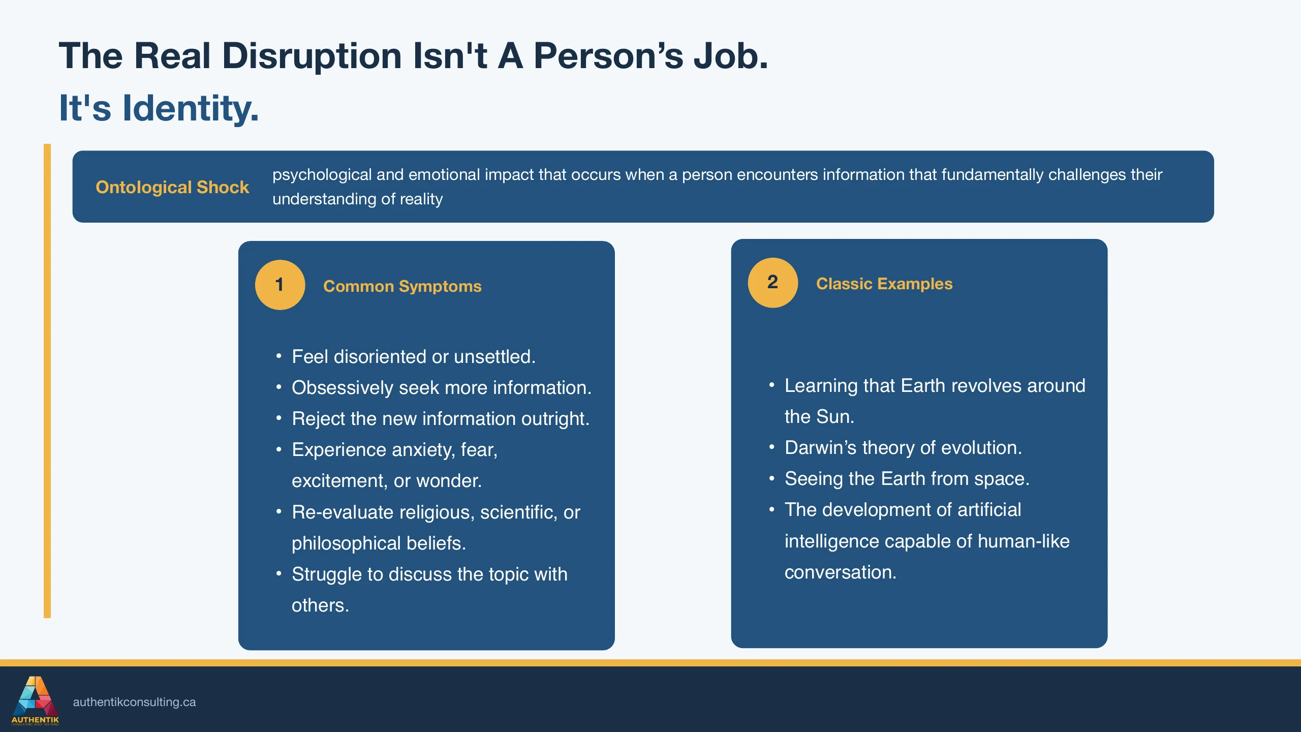 Slide from Craig Whitton's deck explaining ontological shock and identity disruption.